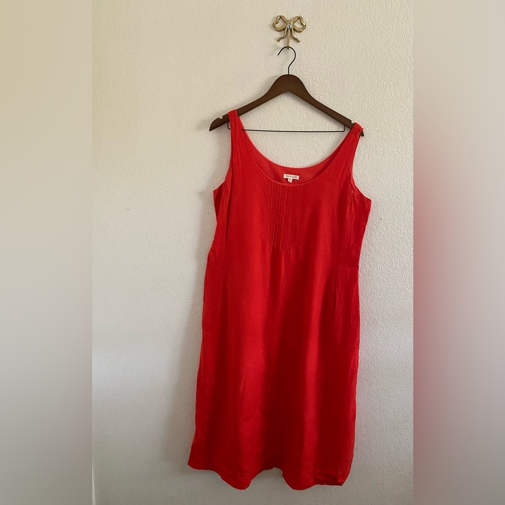 Eileen Fisher Bright Red Orange Irish linen Sleeveless Midi Dress Medium Pockets